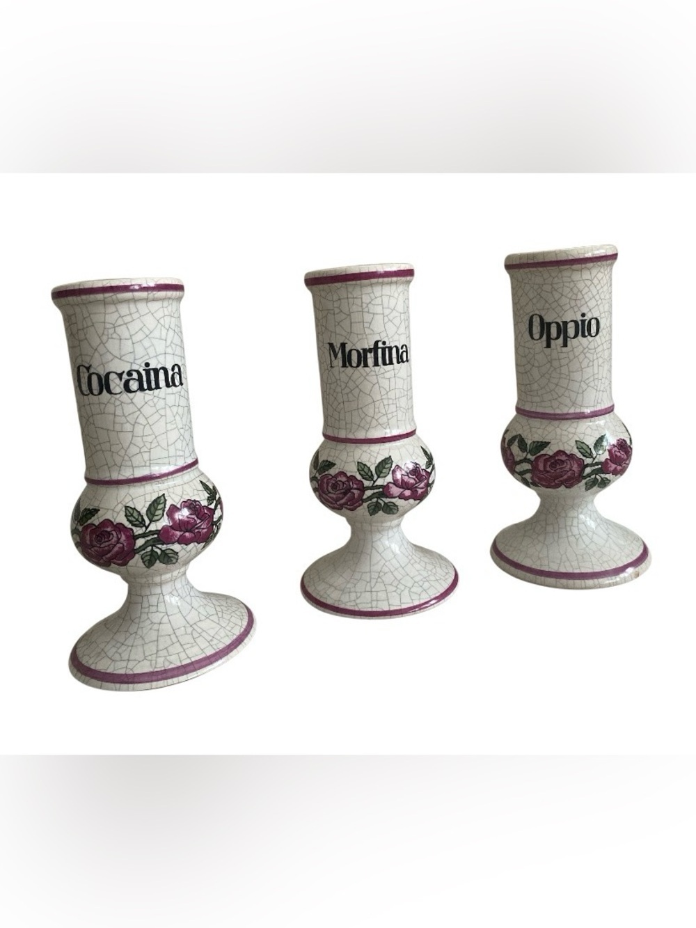Rare Set of 3 Vintage Herr Keramik German Apothecary Jars Cocaina Morfina Oppio - Picture 2 of 14
